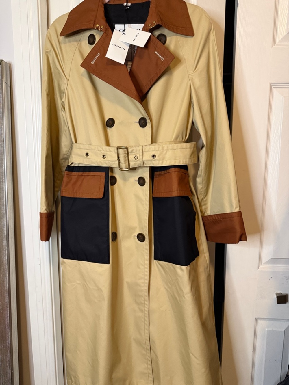 Coach Colorblock Trench Coat in Beige, Rust and Black - Picture 5 of 9